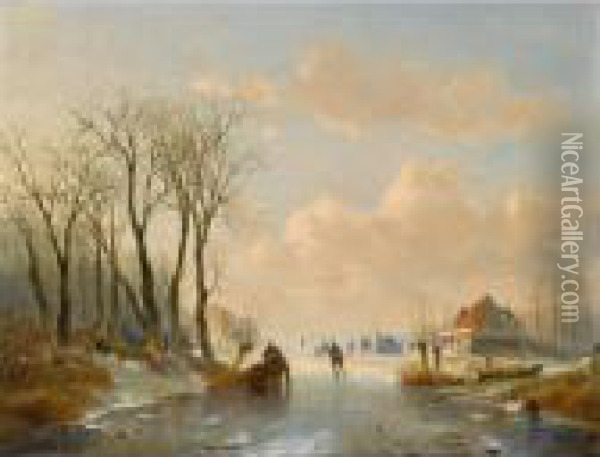 Skaters On The Ice, A 'koek En Zopie' In The Distance Oil Painting - Andreas Schelfhout