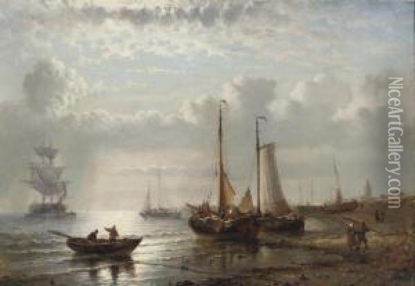 Fishing Vessels Moored By A Coast Oil Painting - George Willem Opdenhoff