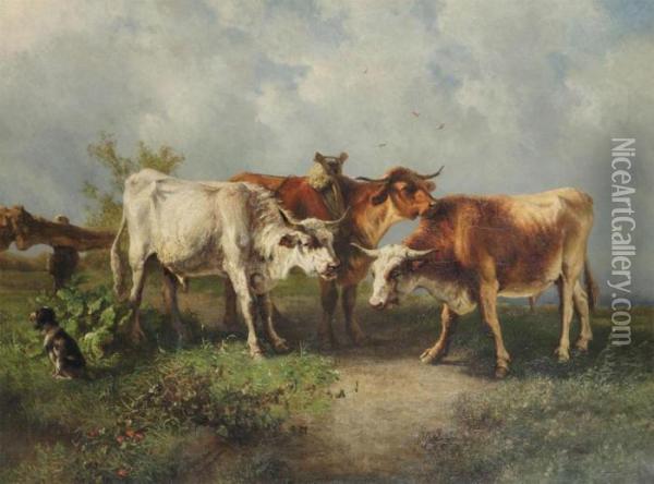 Cows In The Meadow Oil Painting - Ildephonse Stocquart