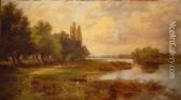 A Stroll Along The Banks Of The River Oil Painting - Henry Hillier Parker