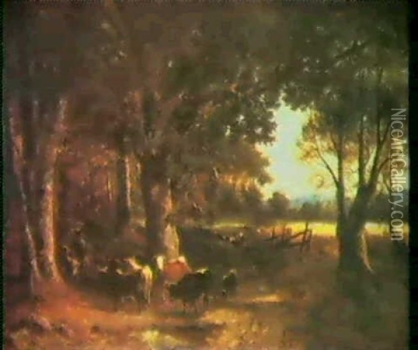 Hirtenjunge Mit Vieh An Einer Waldlichtung Oil Painting - Carl Ebert