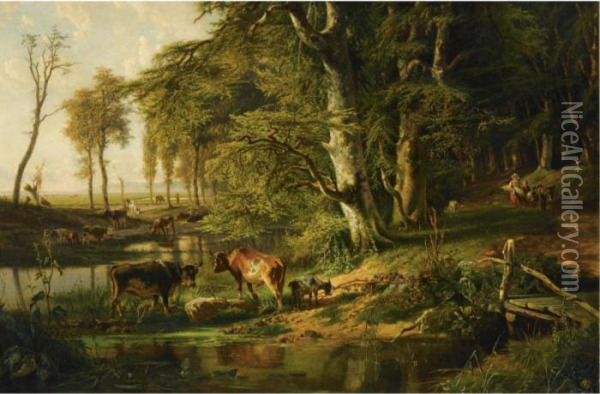 Cattle By A Wooded Stream, Oosterbeek Oil Painting - Paul Joseph Constantine Gabriel