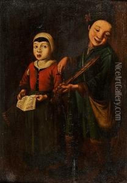 A Young Girl Singing With A Young Boy Playing Oil Painting - Antonio Cifrondi
