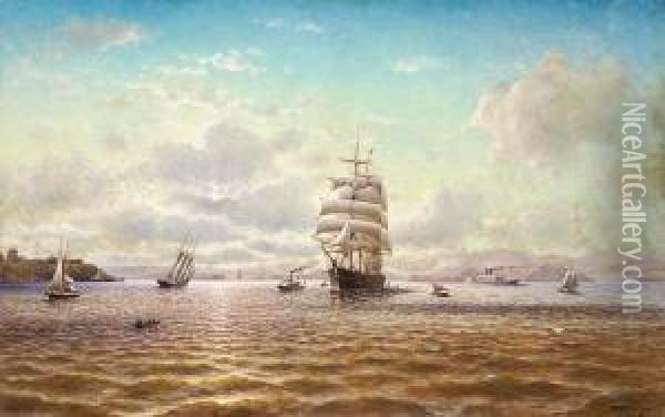 Ships Sailing In The San Francisco Bay Withfort Point In The Distance Oil Painting - William Alexander Coulter