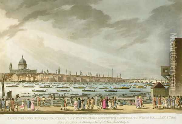 Lord Nelsons funeral procession by water from Greenwich to Whitehall from The History and Graphic Life of Nelson, engraved by J. Clark and H. Marke, pub. by Orme, 1806 Oil Painting - Joseph Mallord William Turner
