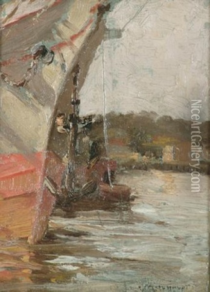 Ship In Harbor Oil Painting - Frederick J. Mulhaupt