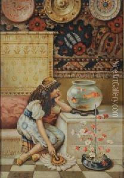 Bambina Con Pesci Oil Painting - Giovanni Muzzioli