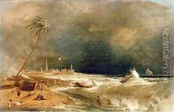 Madras or Fort St George in the Bay of Bengal A Squall Passing Off Oil Painting - William Daniell RA