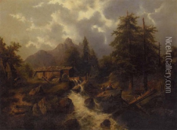 A Mountainous Landscape With A Watermill And Two Figures Seated On A Rock On The Foreground Oil Painting - Albert Lang