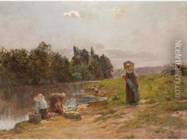 Lavandieres En Bordurede Riviere Oil Painting - Charles Joseph Beauverie