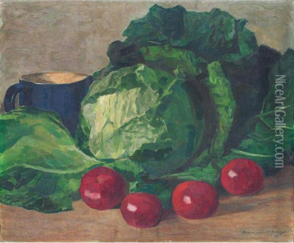 Stilleben Mit Tomaten, Kohl Und Blauem Krug Oil Painting - Gottfried August Neumann-Saint-George