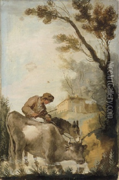 A Shepherd Crossing A Ford With A Cow And A Donkey, A Farmhouse Beyond Oil Painting - Giuseppe Bernardino Bison