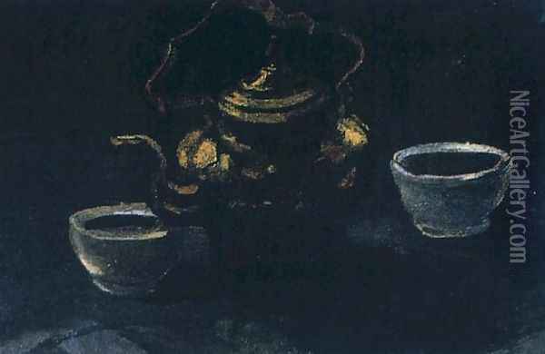 Still Life With Copper Coffeepot And Two White Bowls Oil Painting - Vincent Van Gogh