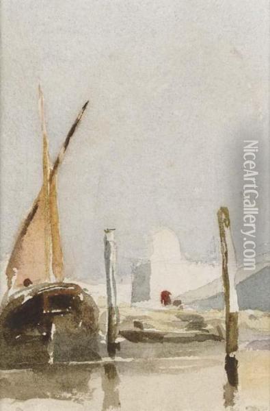 A Barge Near Mooring Posts Oil Painting - Peter de Wint