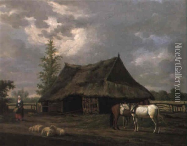 Figures With Horses And Sheep In Classical Landscape Oil Painting - Anthony Oberman