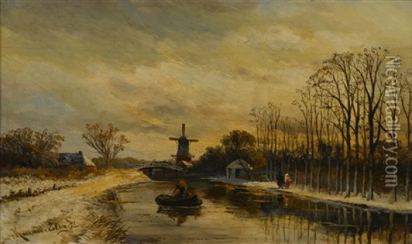 A Winter Landscape With A Boat On A River And A Windmill In The Distance Oil Painting - Hendrik Dirk Kruseman van Elten