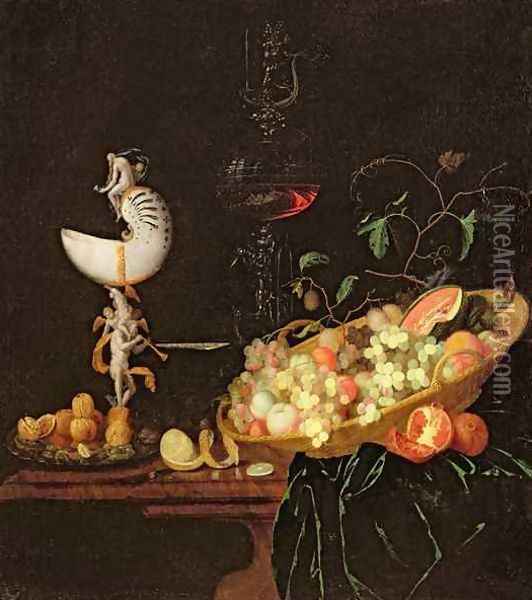 A Still Life of fruit with a nautilus cup on a draped ledge Oil Painting - Georg Hinz