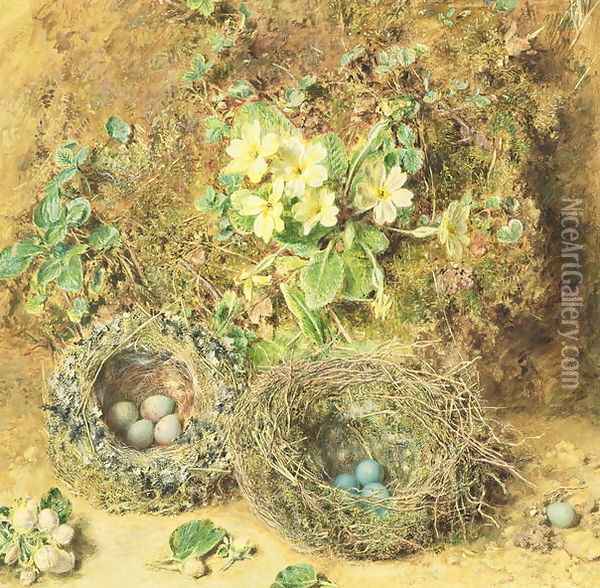Primroses and Birds Nests Oil Painting - William Henry Hunt
