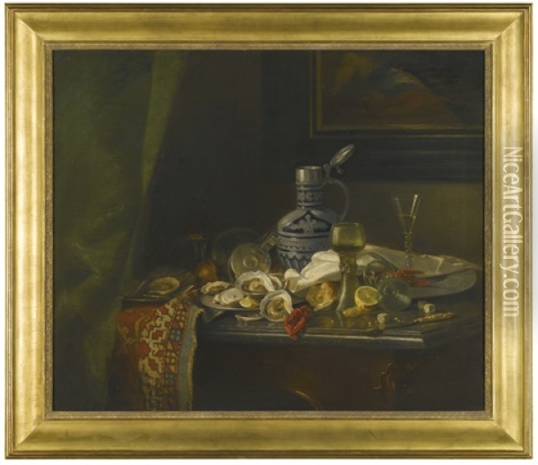 Still Life With Oysters And Lobster Oil Painting - Adolf Heinrich Lier