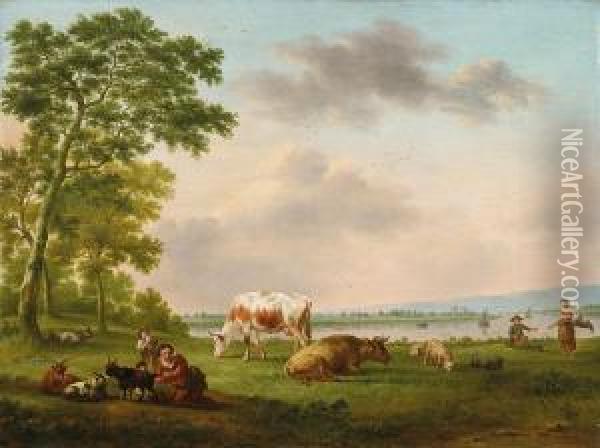 Hirten Mit Vieh An Einem Brunnen Hirten Mit Vieh An Einem Fluss Oil Painting - Hendrick Willelm Schweickhardt