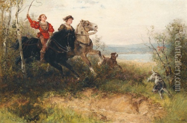 Parforcejagd Mit Zwei Reitern In Historischen Kostumen Oil Painting - Wilhelm Karl Raeuber