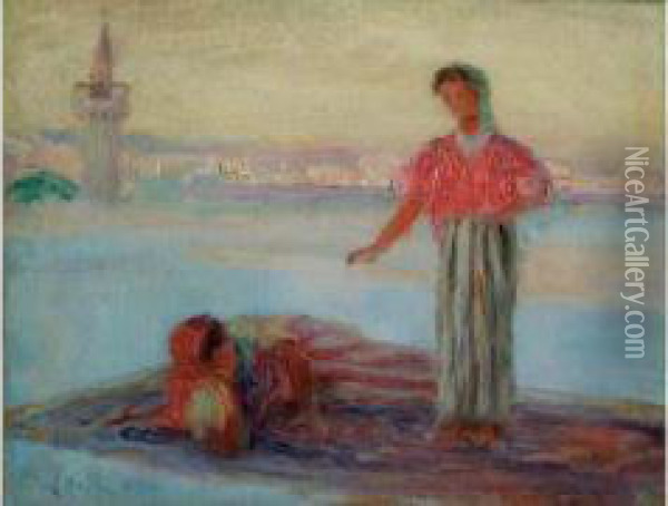 Femmes Sur Une Terrasse A Tunis Oil Painting - Albert Aublet