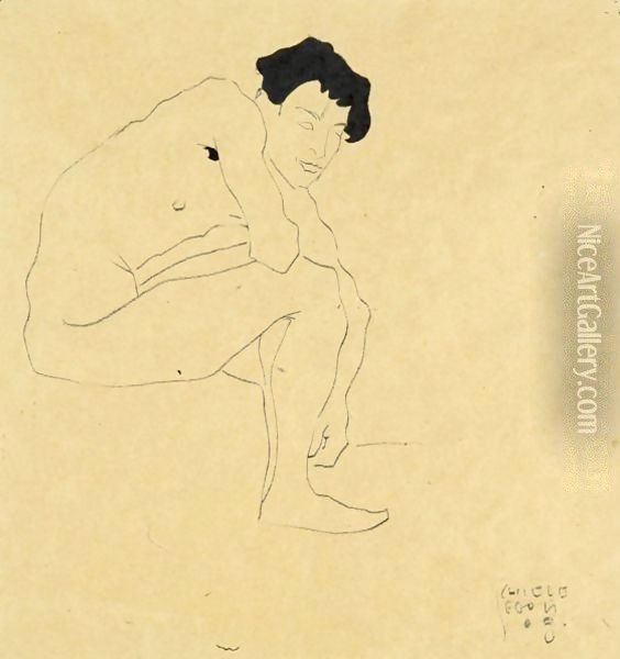 Sitzender Mannlicher Akt (Seated Male Nude) Oil Painting - Egon Schiele