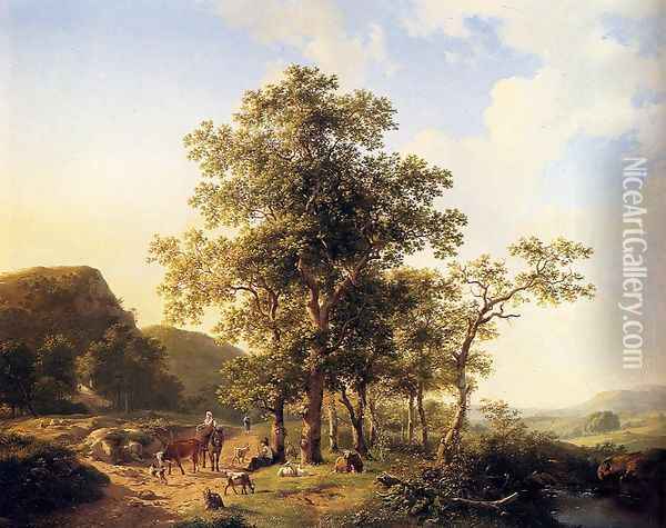 Wooded landscape with peasants and animals Oil Painting - Hendrikus van den Sande Bakhuyzen