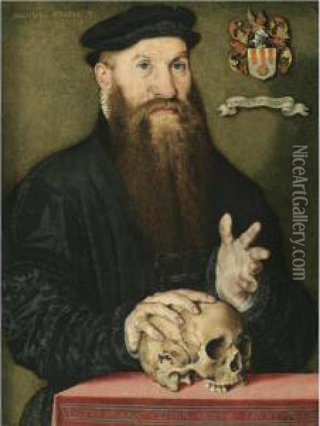 Portrait Of A Bearded Gentleman, Half-length, At The Age Of 33, Wearing A Black Cloak And Hat, His Right Hand Resting On A Skull Oil Painting - Jan Cornelisz Vermeyen
