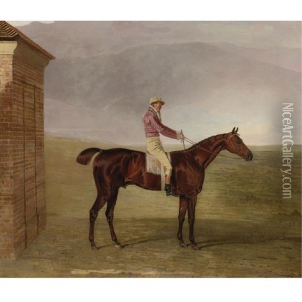 Mr Henry Vansittart's Chestnut Colt Burleigh With Sam Chifney Up, By The Rubbing-down House At Newmarket Oil Painting - Benjamin Marshall