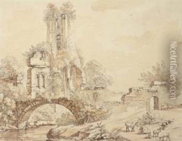 A Ruined Tower By A Bridge, A Herdsman Asleep In The Foreground Oil Painting - Christian Gottlob Hammer