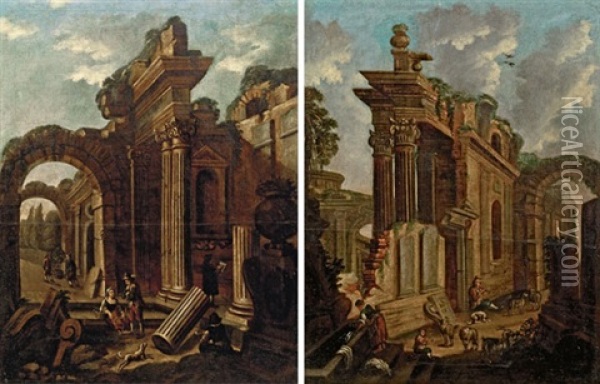 Ruinenlandschaft (+ Another; Pair) Oil Painting - Giovanni Paolo Panini