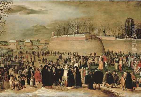 A winter carnival with figures on the ice before the Kipdorppoort Bastion in Antwerp Oil Painting - Denys Van Alsloot