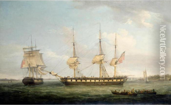 An East Indiaman In Two Positions Off The Indian Coast Oil Painting - Thomas Whitcombe