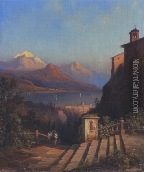 Blick Von Einer Klosteranlage Auf Einen Sudlichen Gebirgssee (laggo Maggiore?) Oil Painting - Henry Jackel