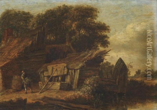 A Wooded River Landscape With A Figure Outside A Cottage Oil Painting - Cornelius Decker