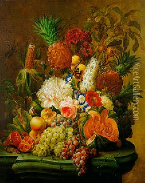 Nature Morte De Fleurs Et De Fruits Sur Un Entablement De Marbre Oil Painting - Johannes Hendrik Fredriks
