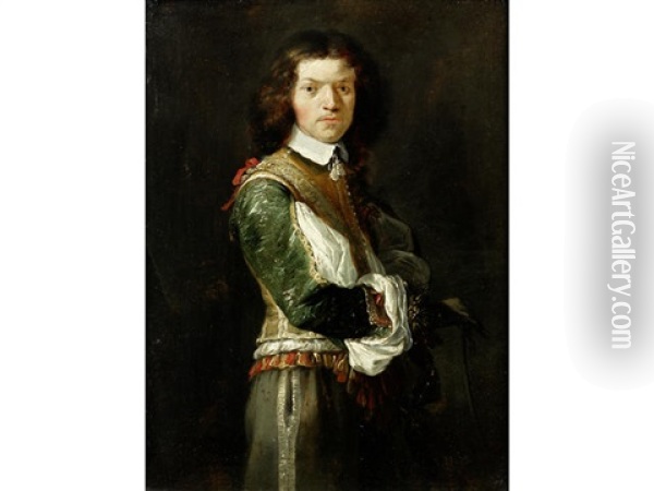 Portrait Of A Gentleman, Three-quarter-length, In Green, Red And White Costume Oil Painting - Aert Jansz Marienhof