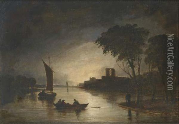 Figures In A Boat On A Moonlit River Oil Painting - Jan van Goyen
