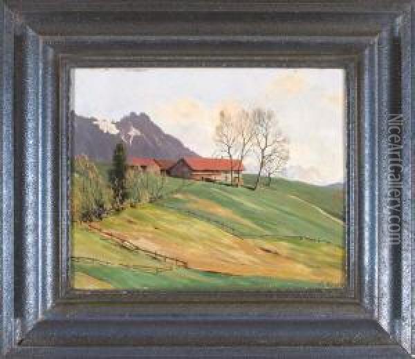 Blick Auf Ein Gehoft Bei Rettenberg Mit Dem Grunten Im Hintergrund Oil Painting - Otto Keck