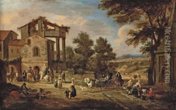 The Outskirts Of A Town With A Washerwoman, Travellers And Resting Labourers, A Landscape Beyond (collab. W/adrian Frans Boudewijns) Oil Painting - Pieter Bout