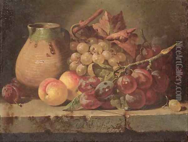 Grapes, plums, and peaches with a jug on a ledge Oil Painting - Charles Thomas Bale