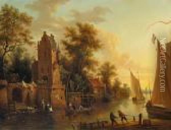 Flusslandschaft Mitbooten Und Architekturstaffage Oil Painting - Frans Swagers
