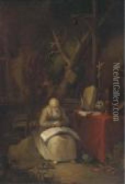 Saint Jerome In A Landscape Oil Painting - Gerrit Dou