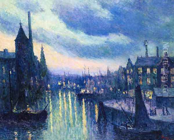 The Port of Rotterdam, Evening Oil Painting - Maximilien Luce