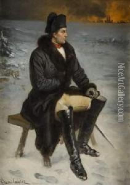 Napoleon Regardant Moscou Bruler. Oil Painting - Ladislaus Bakalowicz