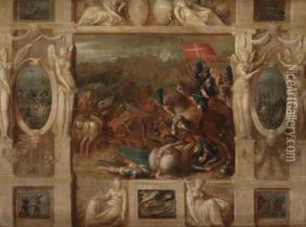 Escenas De Batalla Enmarcadas Por Figuras Alegoricas Y Arquitectura En Grisalla Oil Painting - Hieronymus II Francken