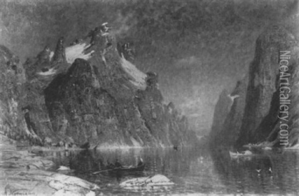 Norwegische Fjordlandschaft Mit Booten Oil Painting - Adelsteen Normann