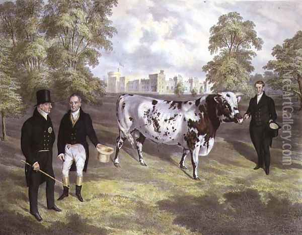 Sir Charles Morgan presenting King William IV with a Shorthorn Bull at Tredegar Castle, Monmouth, 1836 Oil Painting - J.H. Carter