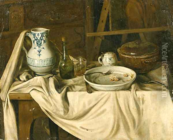 An Artist's Studio with a Meal set out on a partially draped Bench in the foreground Oil Painting - Jacques Albert Senave